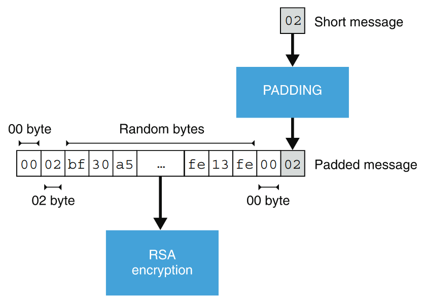 The RSA PKCS#1 v1.5 standard specifies a padding to apply to a message prior to encryption. The padding must be reversible (so that decryption can get rid of it) and must add enough random bytes to the message in order to avoid brute force attacks. (Wong 2021)